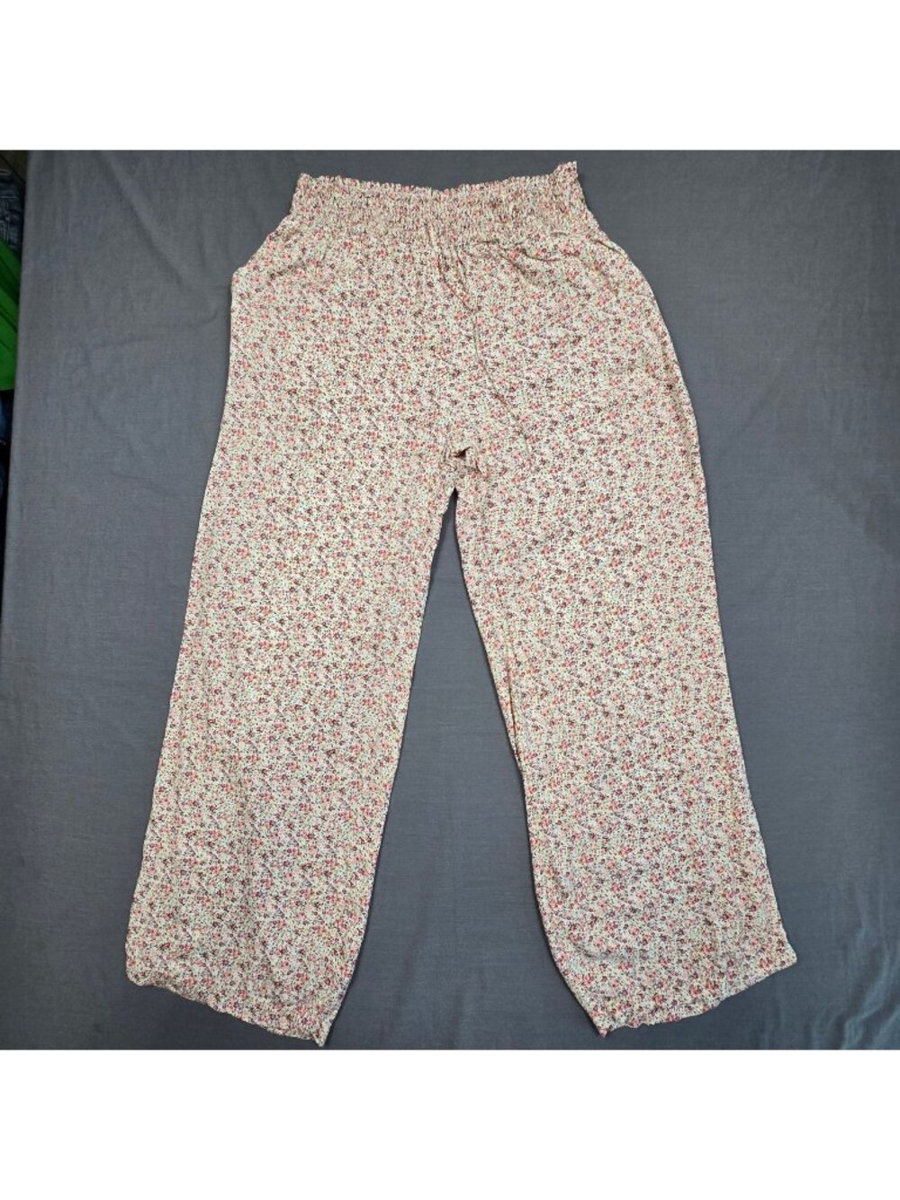 SO XL Womens Wide Leg Pants White Floral Elastic Waist Relaxed Cottage Core Boho